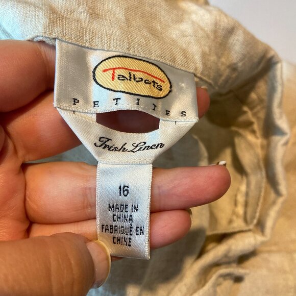 Talbots Women 16P A Line Dress Irish Linen Beige Button Front Short Cap Sleeve - Picture 4 of 7